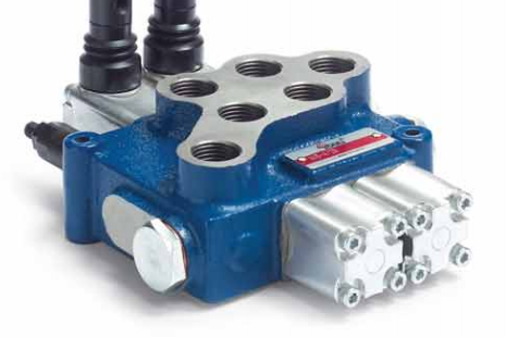 Blue hydraulic control valve with multiple ports and white mechanical components