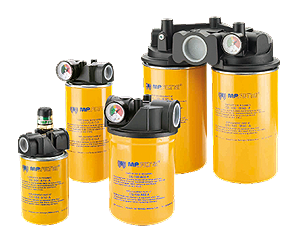 Yellow and black industrial hydraulic filters of different sizes