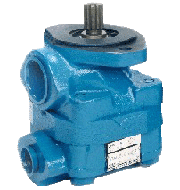 Blue industrial vane pump with multiple connection ports and metal mounting